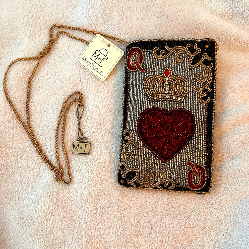 Mary Frances Queen of Hearts Handmade Beaded Cross Body Phone Bag / Club Bag